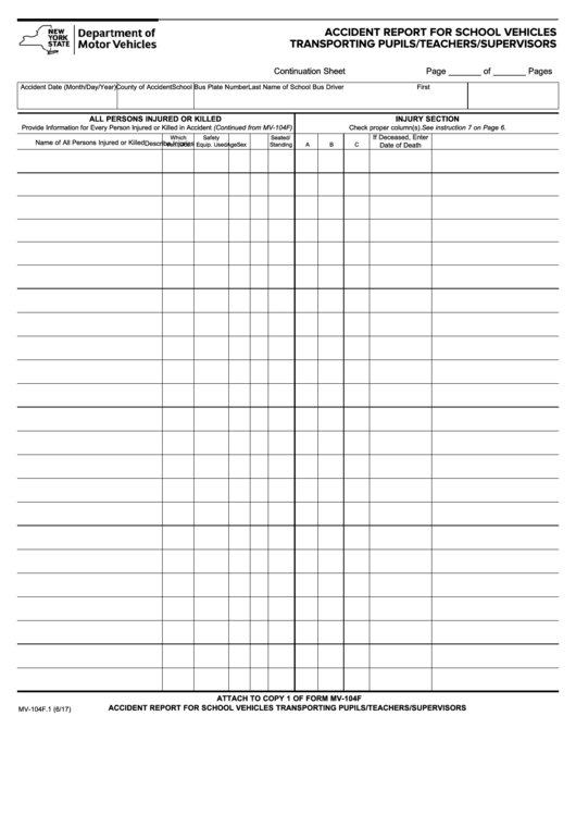 Fillable Form Mv-104f.1 - Accident Report For School Vehicles Transporting Pupils/teachers/supervisors Printable pdf