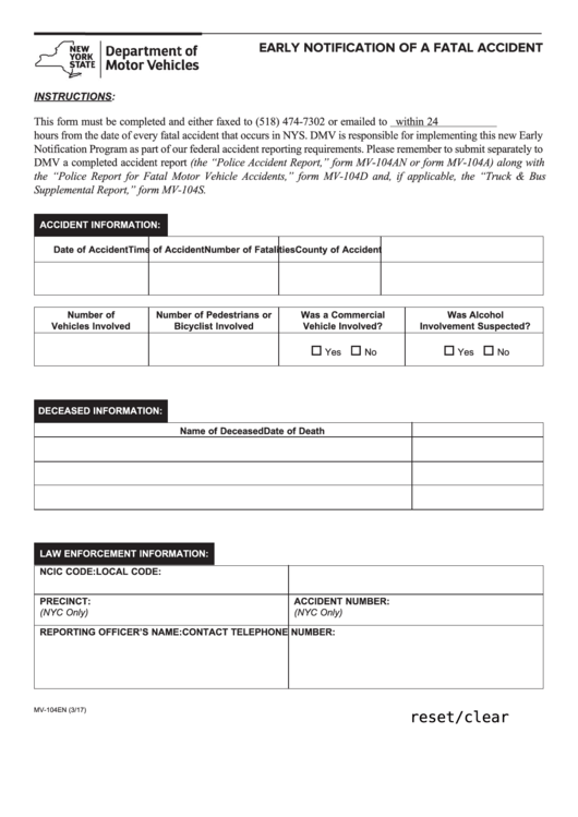 Fillable Form Mv-104en - Early Notification Of A Fatal Accident Printable pdf