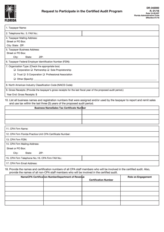 Form Dr-342000 - Request To Participate In The Certified Audit Program Printable pdf