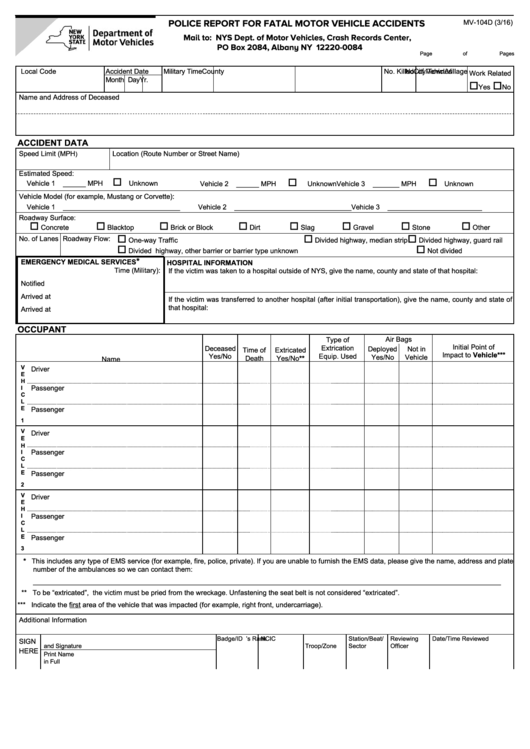 Form Mv-104d - Police Report For Fatal Motor Vehicle Accidents Printable pdf