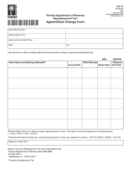 Form Rts-10 - Reemployment Tax Agent/client Change Form Printable pdf
