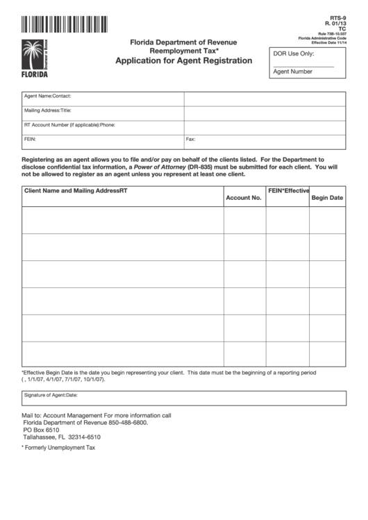 Form Rts-9 - Reemployment Tax Application For Agent Registration Printable pdf