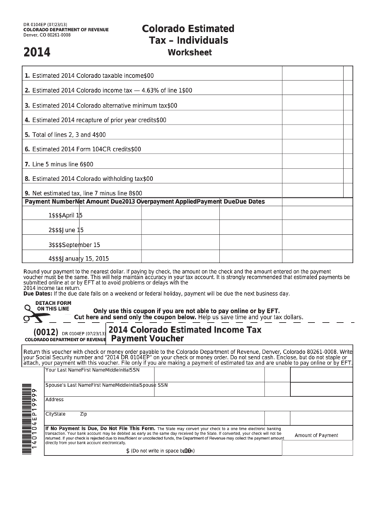 Fillable Form Dr 0104ep - Colorado Estimated Tax - Individuals Worksheet - 2014 Printable pdf