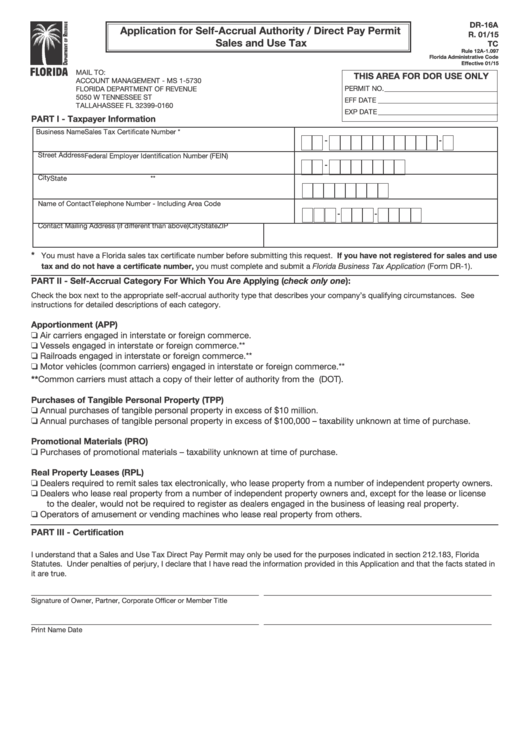 Form Dr-16a - Application For Self-Accrual Authority / Direct Pay Permit Sales And Use Tax Printable pdf