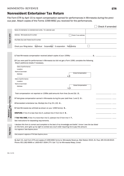 Fillable Form Etr - Nonresident Entertainer Tax Return Printable pdf