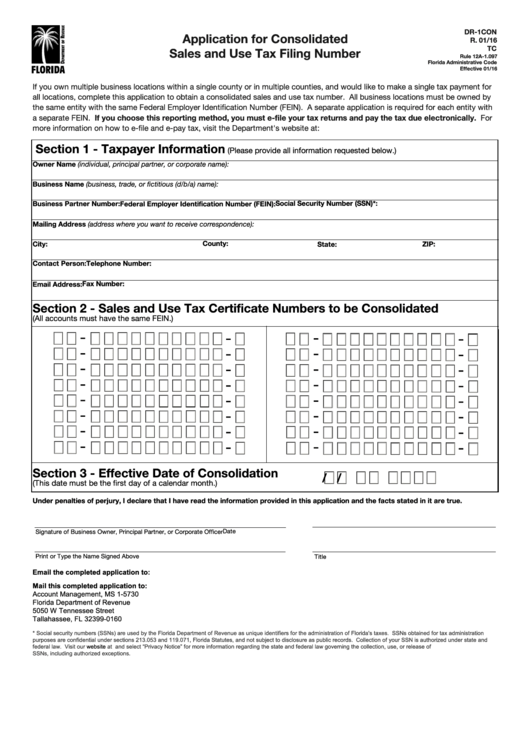Fillable Form Dr-1con - Application For Consolidated Sales And Use Tax Filing Number Printable pdf