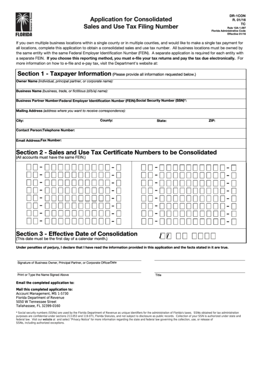 Form Dr-1con - Application For Consolidated Sales And Use Tax Filing Number Printable pdf