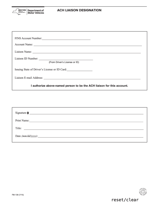 Fillable Form Fm-139 - Ach Liaison Designation Printable pdf