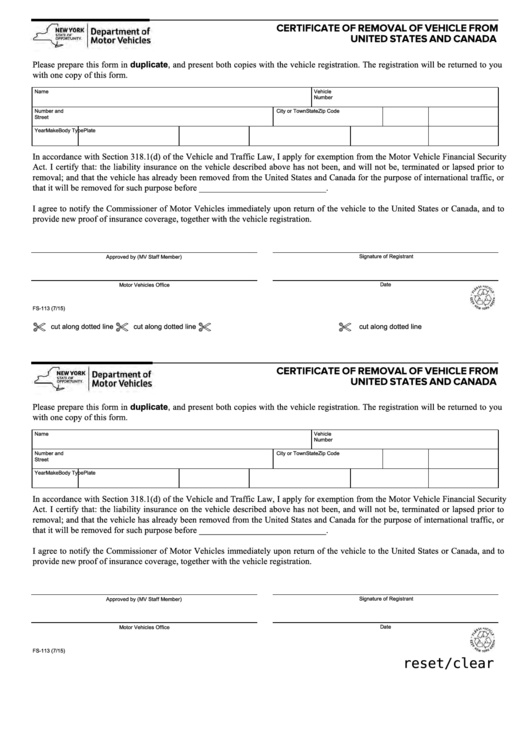 Fillable Form Fs-113 - Certificate Of Removal Of Vehicle From United States And Canada Printable pdf