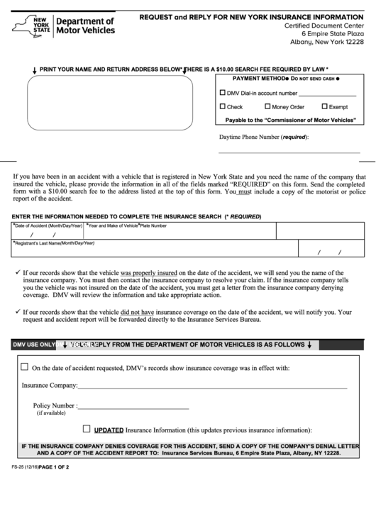 Fillable Form Fs-25 - Request And Reply For New York Insurance Information Printable pdf