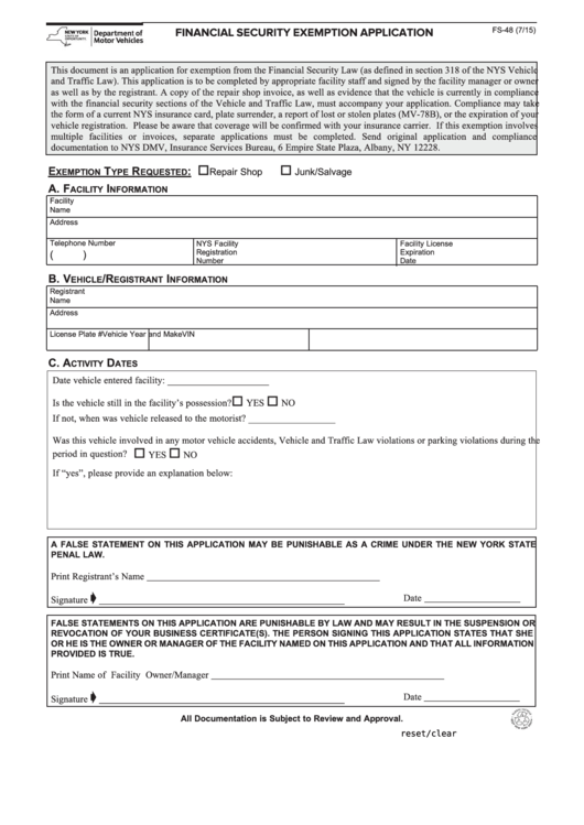 Fillable Form Fs-48 - Financial Security Exemption Application Printable pdf