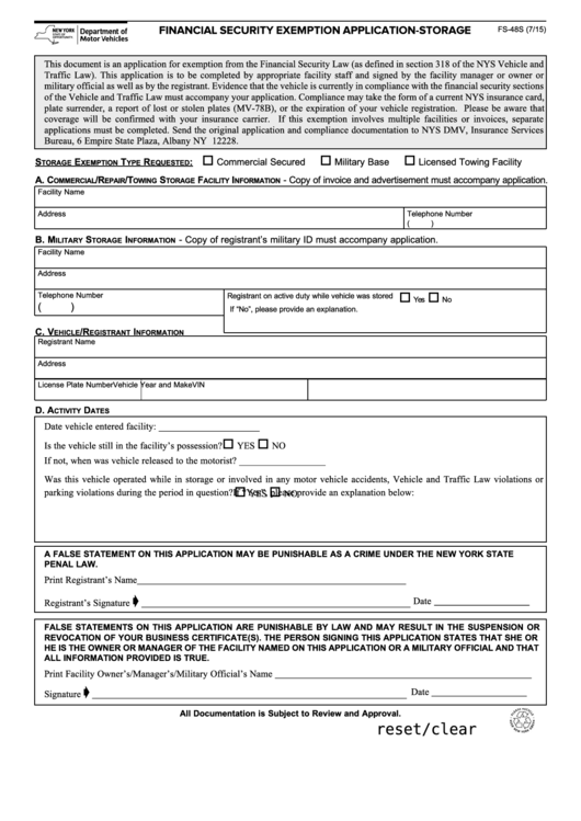 Fillable Form Fs-48s - Financial Security Exemption Application - Storage Printable pdf