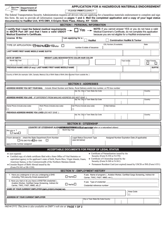 Fillable Form Haz-44 - Application For A Hazardous Materials Endorsement Printable pdf