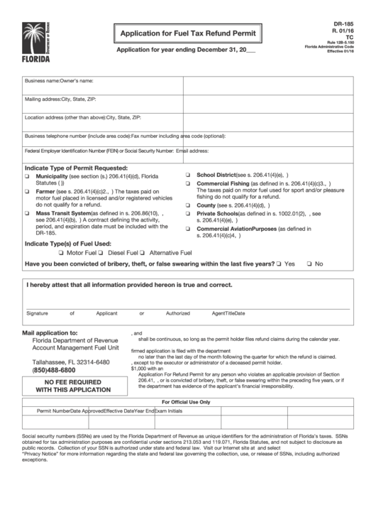 Form Dr-185 - Application For Fuel Tax Refund Permit Printable pdf