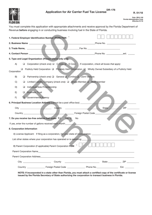 Form Dr-176 Draft - Application For Air Carrier Fuel Tax License Printable pdf