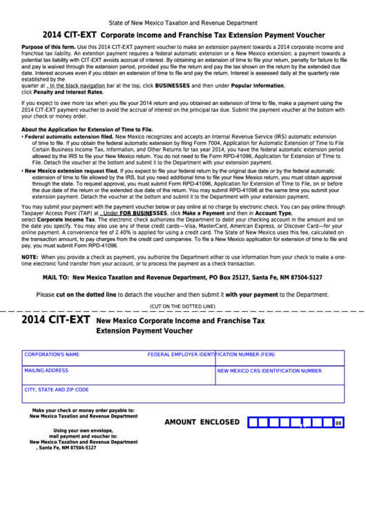 Form Cit-Ext - Corporate Income And Franchise Tax Extension Payment Voucher - 2014 Printable pdf