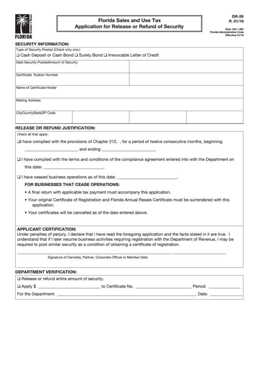 Form Dr-29 - Florida Sales And Use Tax Application For Release Or Refund Of Security Printable pdf