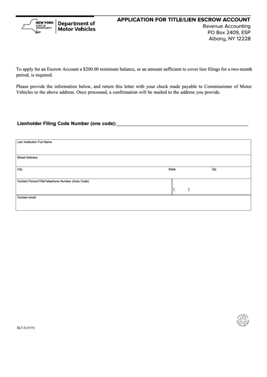 Form Elt-3 - Application For Title/lien Escrow Account Printable pdf