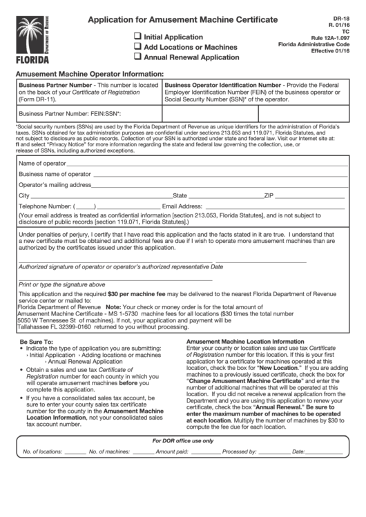 Form Dr-18 - Application For Amusement Machine Certificate Printable pdf