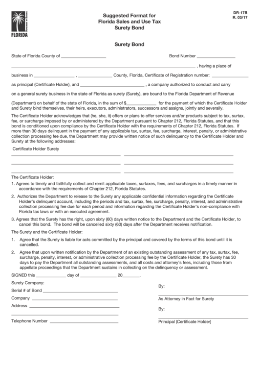 Form Dr-17b - Suggested Format For Florida Sales And Use Tax Surety Bond Printable pdf
