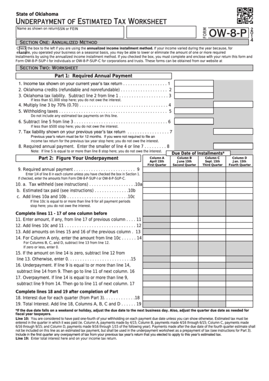 Fillable Form Ow-8-P - Underpayment Of Estimated Tax Worksheet - 2014 Printable pdf