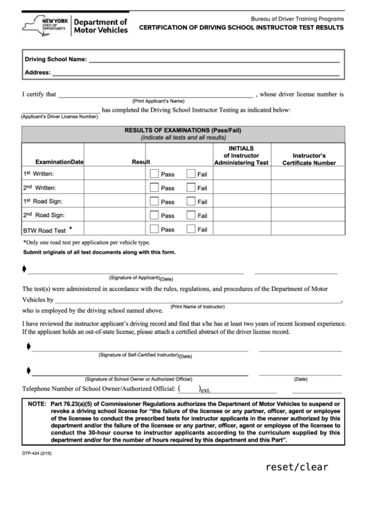 Form Dtp-424 - Certification Of Driving School Instructor Test Results Printable pdf