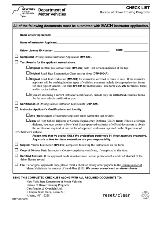 Fillable Form Dtp-423 - Check List Printable pdf