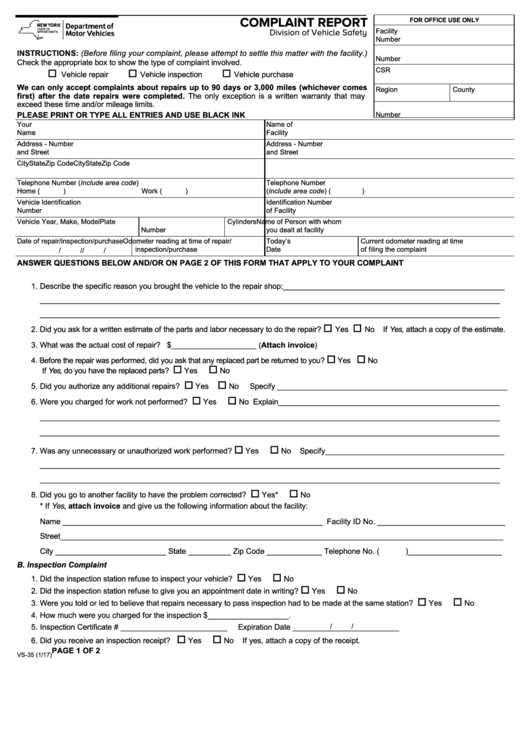 Fillable Form Vs-35 - Complaint Report Printable pdf