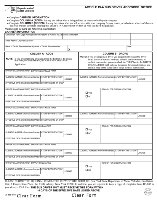 Fillable Form Ds-885 - Article 19-A Bus Driver Add/drop Notice Printable pdf