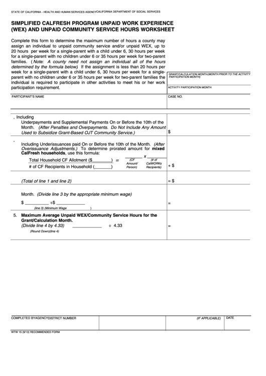 Fillable Form Wtw 15 - Simplified Calfresh Program Unpaid Work Experience (Wex) And Unpaid Community Service Hours Worksheet Printable pdf