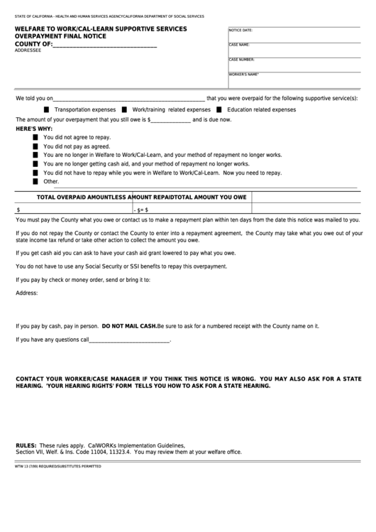 Fillable Form Wtw 13 - Welfare To Work/cal-Learn Supportive Services Overpayment Final Notice Printable pdf