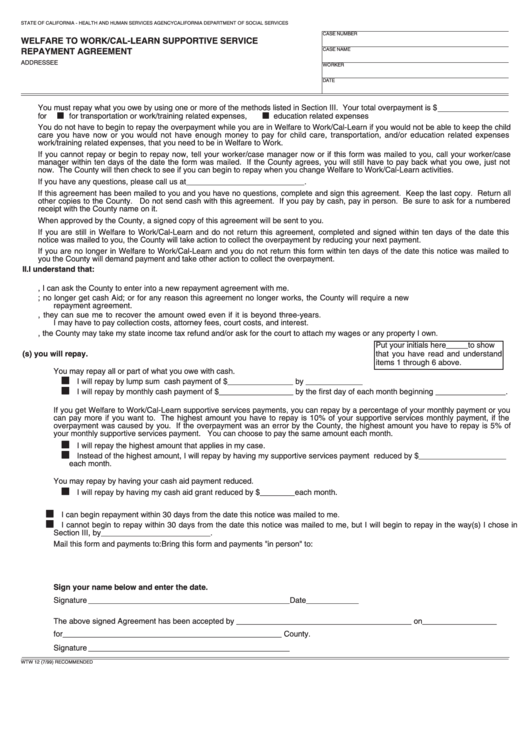 Fillable Form Wtw 12 - Welfare To Work/cal-Learn Supportive Service Repayment Agreement Printable pdf