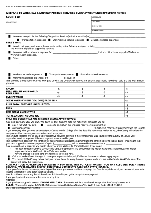 Fillable Form Wtw 11 - Welfare To Work/cal-Learn Supportive Services Overpayment/underpayment Notice Printable pdf