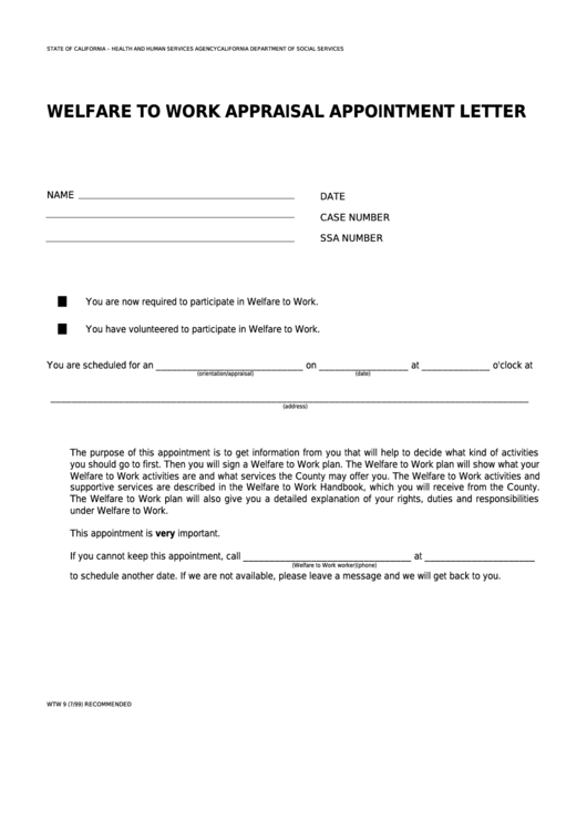 Fillable Form Wtw 9 - Welfare To Work Appraisal Appointment Letter Printable pdf