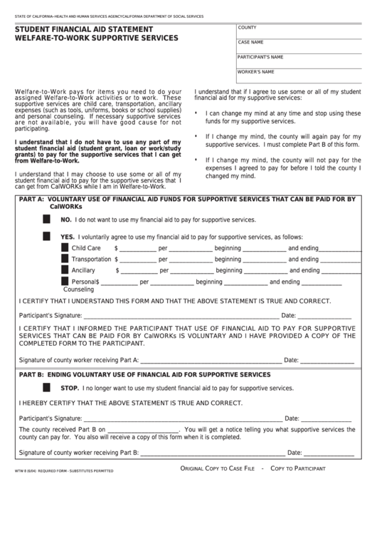 Fillable Form Wtw 8 - Student Financial Aid Statement Welfare-To-Work Supportive Services Printable pdf