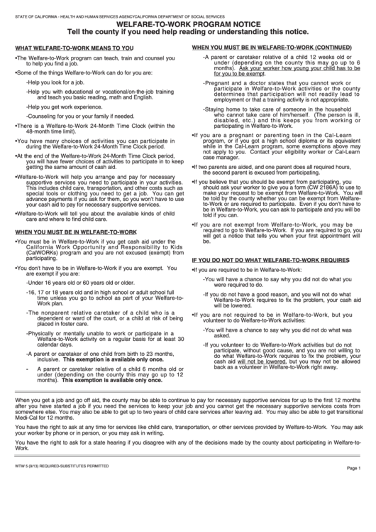 Form Wtw 5 - Welfare-To-Work Program Notice Printable pdf