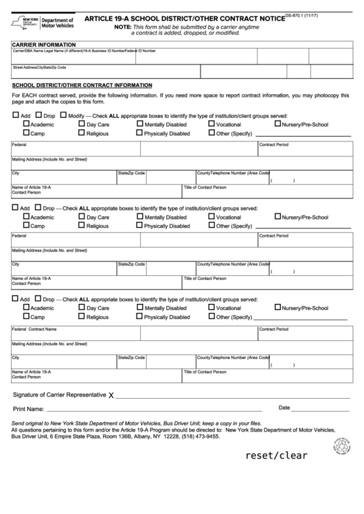 Fillable Form Ds-870.1 - Article 19-A School District/other Contract Notice Printable pdf