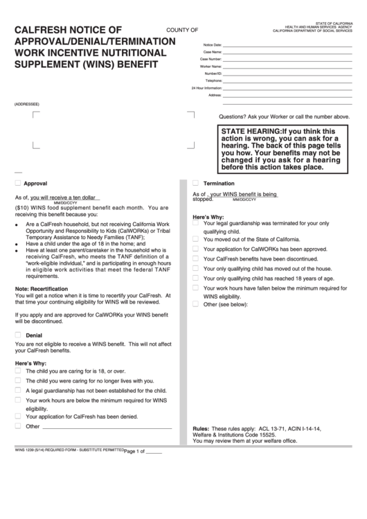 Fillable Form Wins 1239 - Calfresh Notice Of Approval/denial/termination Work Incentive Nutritional Supplement (Wins) Benefit Printable pdf