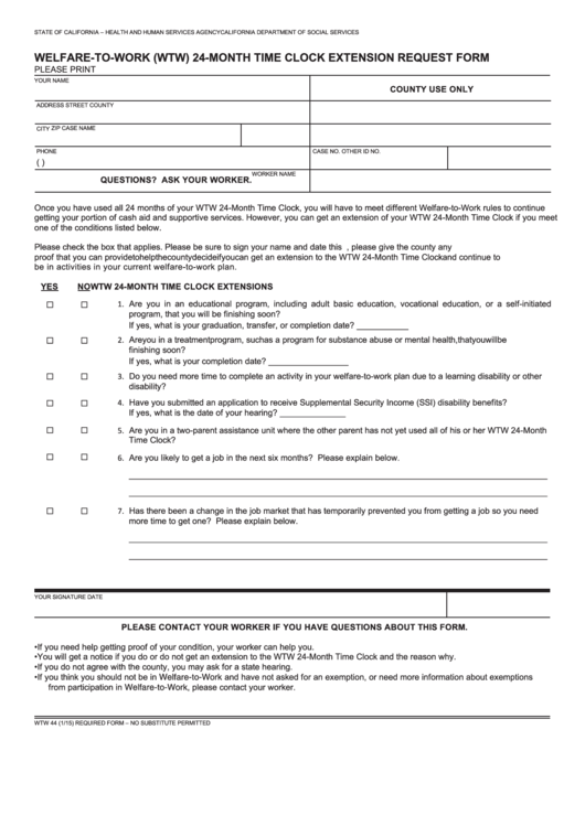 Fillable Form Wtw 44 - Welfare-To-Work (Wtw) 24-Month Time Clock Extension Request Form Printable pdf
