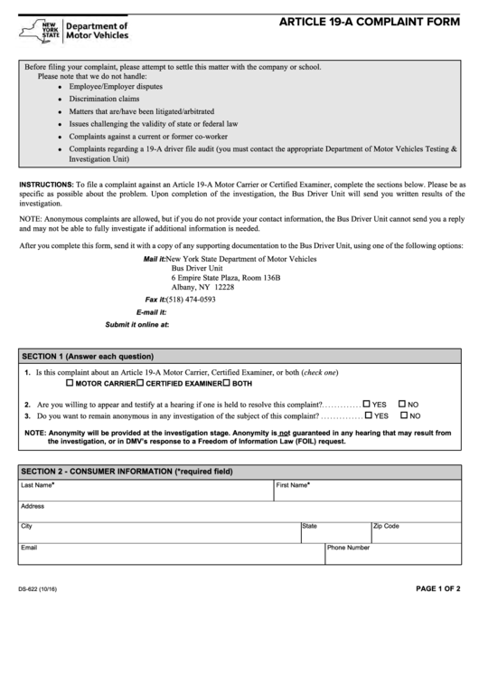 Fillable Form Ds-622 - Article 19-A Complaint Form Printable pdf