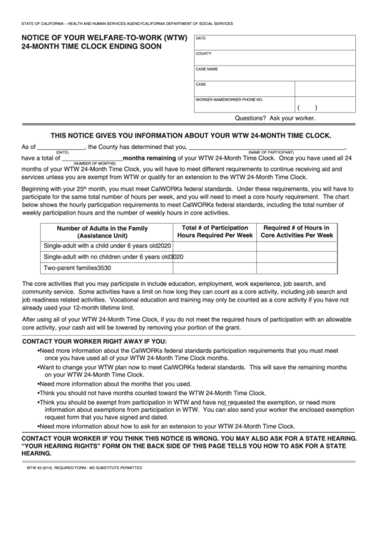 Fillable Form Wtw 43 - Notice Of Your Welfare-To-Work (Wtw) 24-Month Time Clock Ending Soon Printable pdf