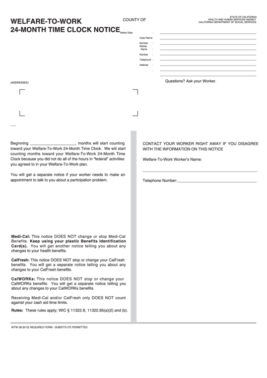 Fillable Form Wtw 38 - Welfare-To-Work 24-Month Time Clock Notice Printable pdf