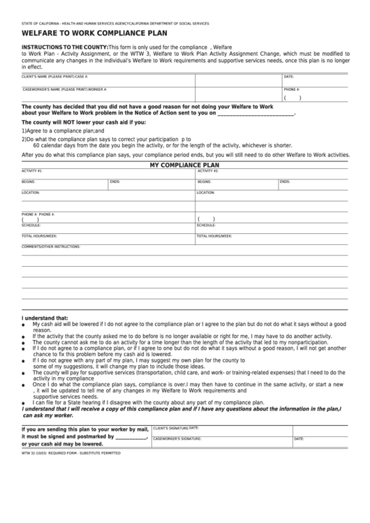Fillable Form Wtw 32 - Welfare To Work Compliance Plan Printable pdf