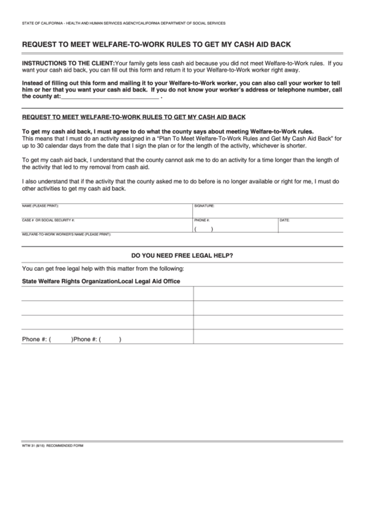 Fillable Form Wtw 31 - Request To Meet Welfare-To-Work Rules To Get My Cash Aid Back Printable pdf