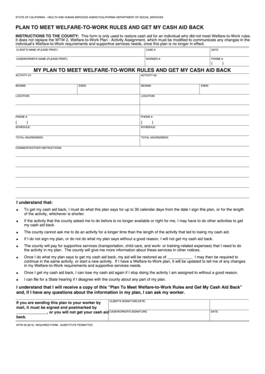 Fillable Form Wtw 29 - Plan To Meet Welfare-To-Work Rules And Get My Cash Aid Back Printable pdf