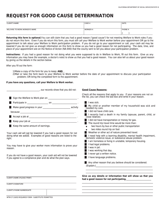 Fillable Form Wtw 27 - Request For Good Cause Determination Printable pdf
