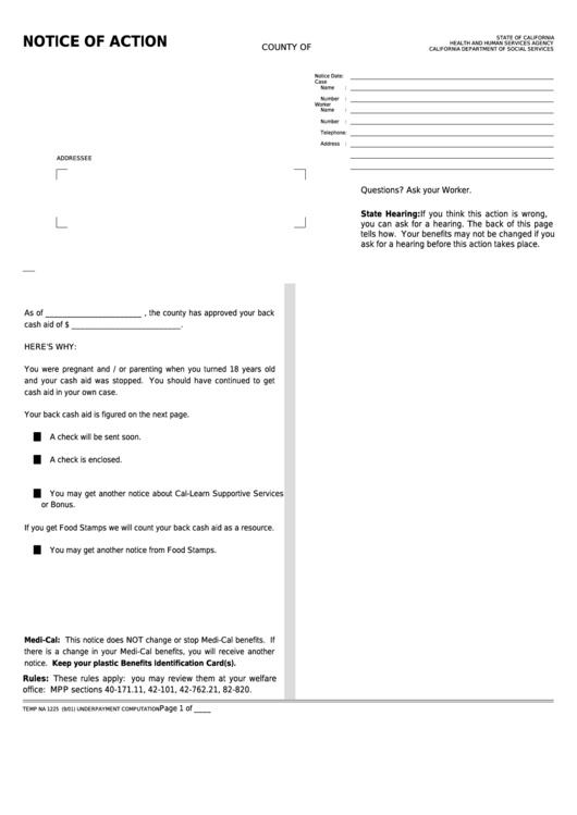 Fillable Form Temp Na 1225 - Notice Of Action Printable pdf