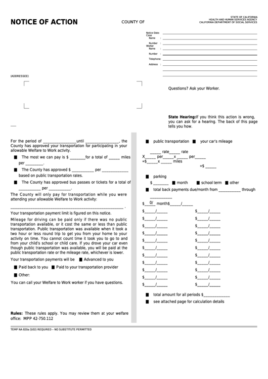 Fillable Form Temp Na 820a - Notice Of Action Printable pdf