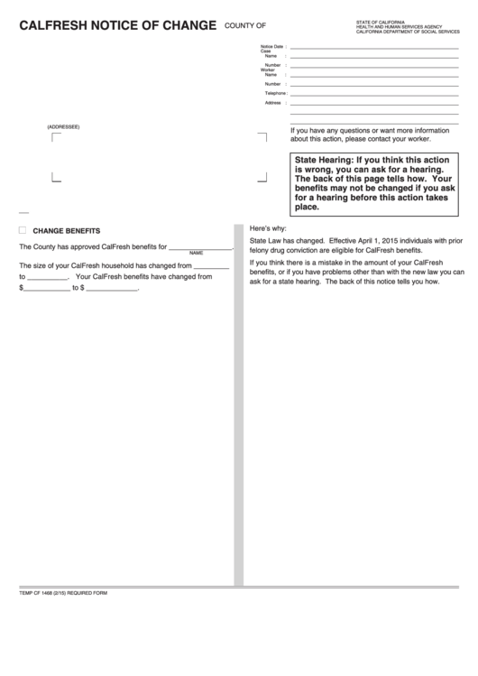Fillable Form Temp Cf 1468 - Calfresh Notice Of Change Printable pdf