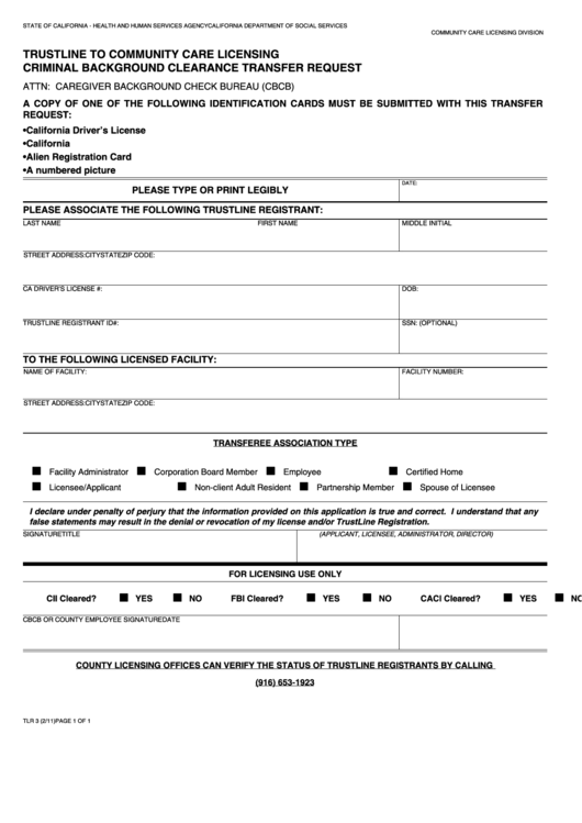 Fillable Form Tlr 3 - Trustline To Community Care Licensing Criminal Background Clearance Transfer Request Printable pdf